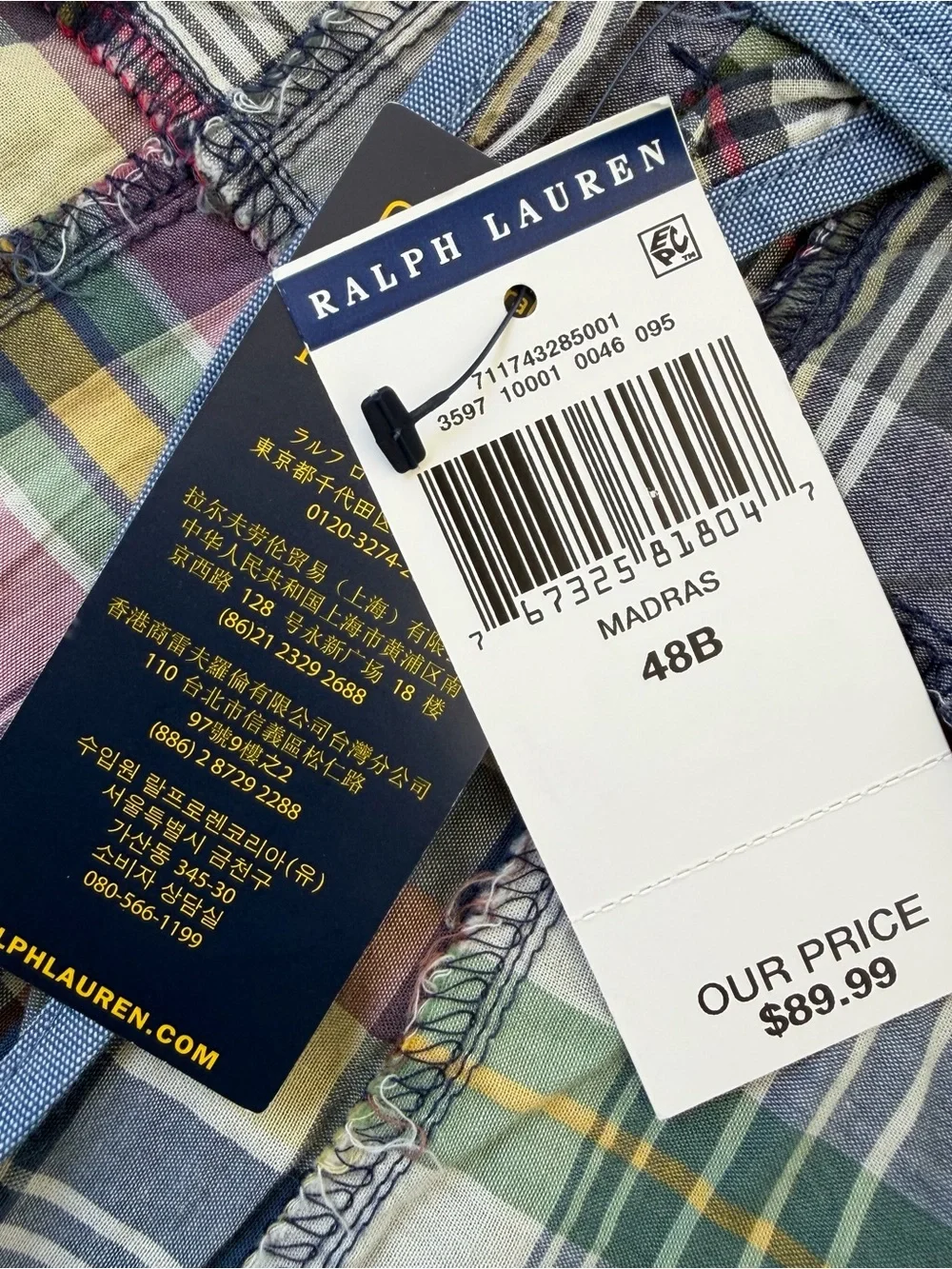 Polo Ralph Lauren Madras Plaid Patchwork Chino Shorts Size 48B Classic Fit NWT